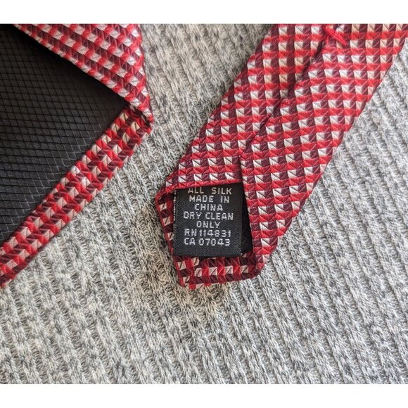 Nicole Miller Silk Tie, Red/White/Burgundy Geometric Square/Diamond Pattern - Picture 4 of 4